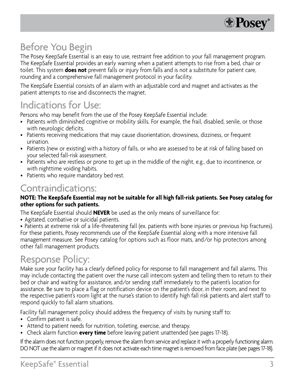 Before you begin, Indications for use, Contraindications | Response policy, Keepsafe, Essential 3 | Posey KeepSafe® Essential User Manual | Page 3 / 24