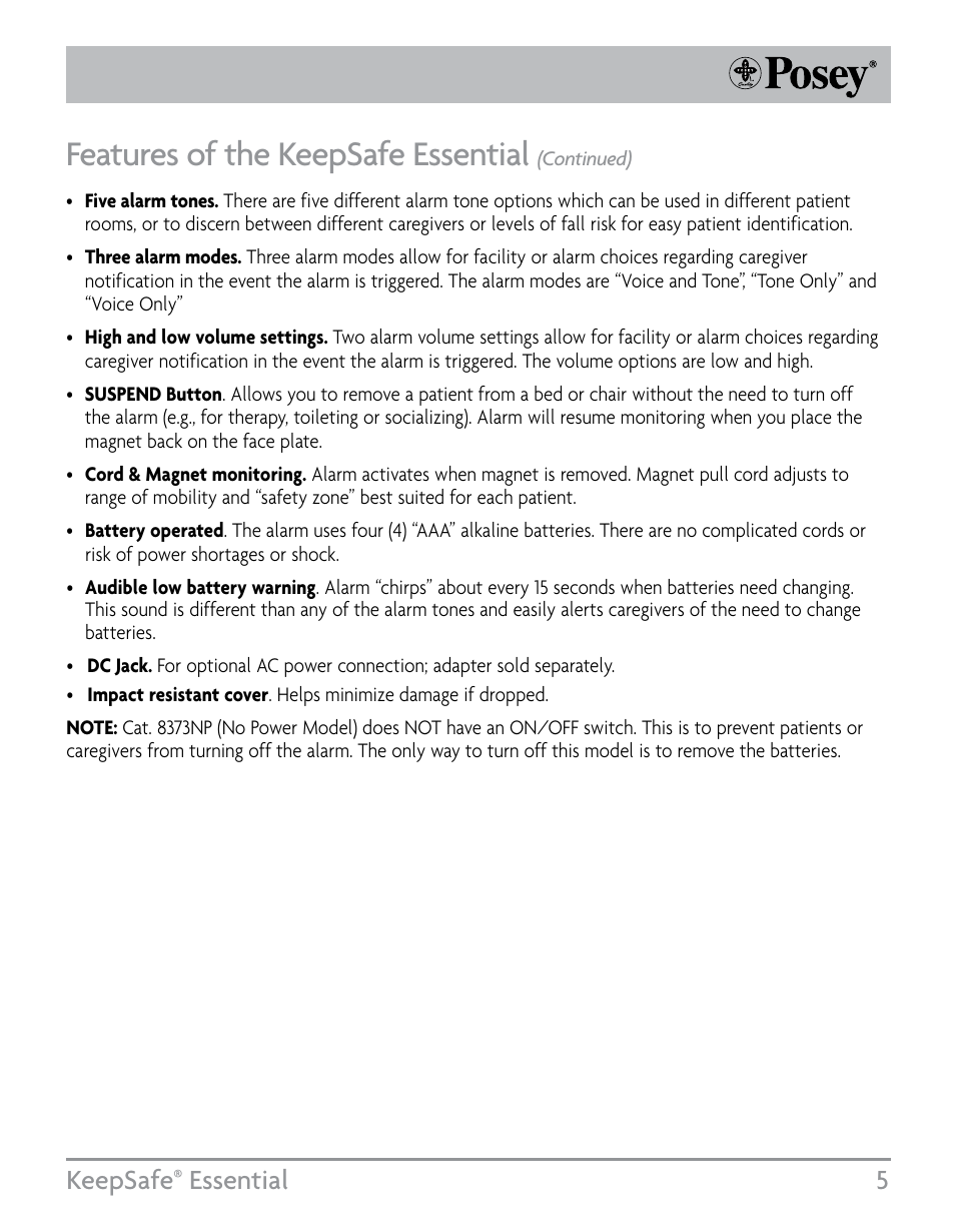 Features of the keepsafe essential, Keepsafe, Essential 5 | Posey KeepSafe® Essential User Manual | Page 5 / 24