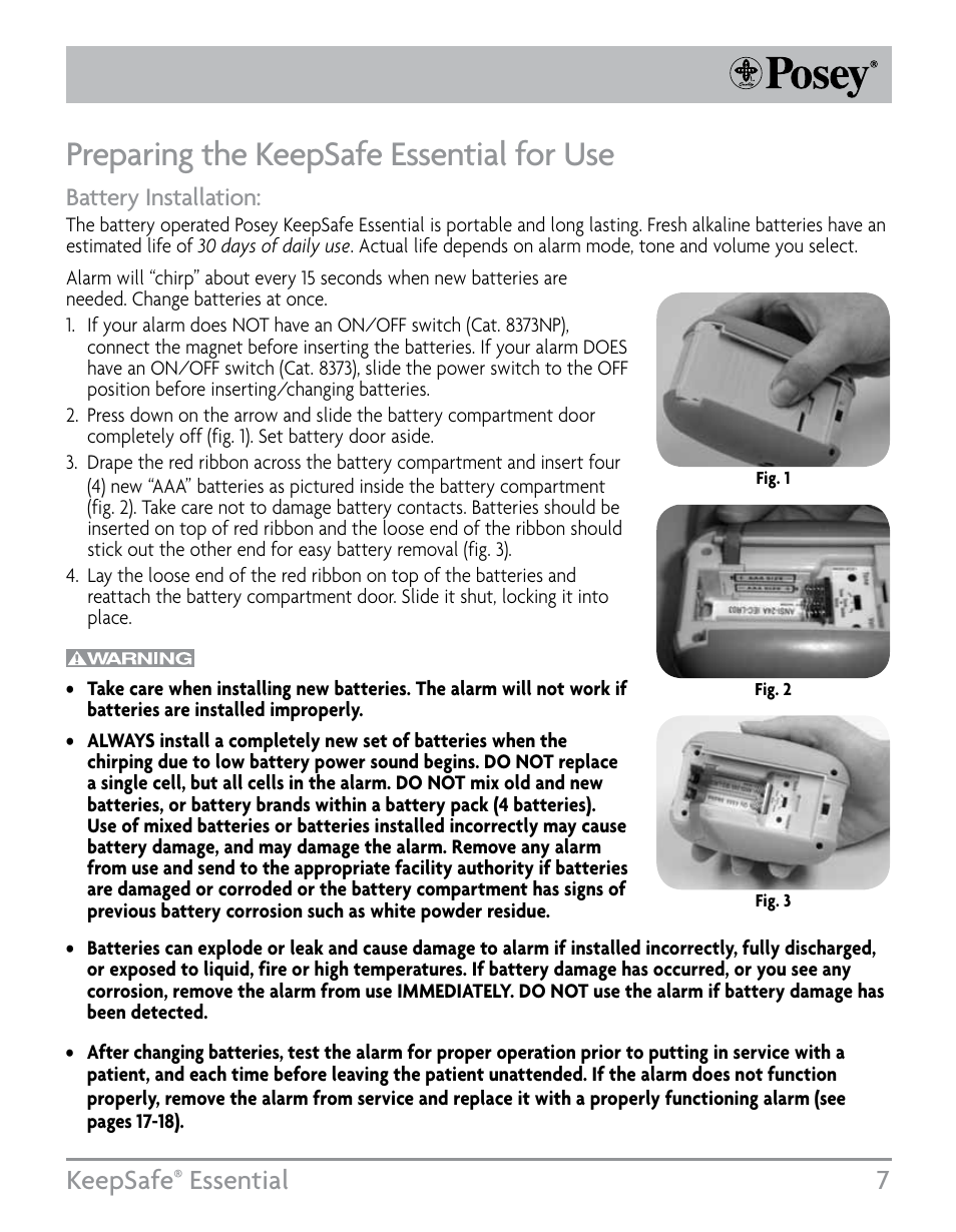 Preparing the keepsafe essential for use, Keepsafe, Essential 7 | Battery installation | Posey KeepSafe® Essential User Manual | Page 7 / 24