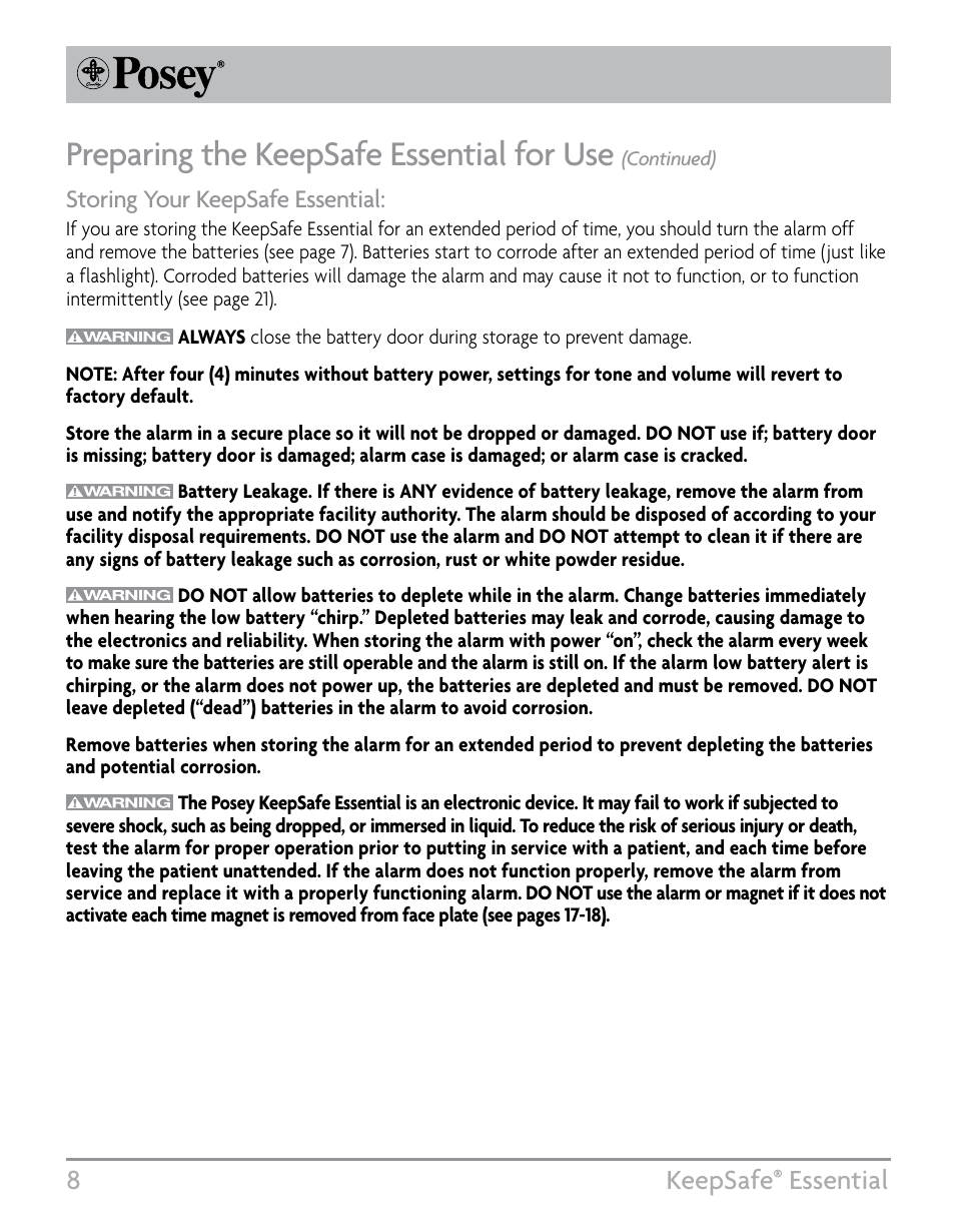 Preparing the keepsafe essential for use, 8keepsafe, Essential | Storing your keepsafe essential | Posey KeepSafe® Essential User Manual | Page 8 / 24