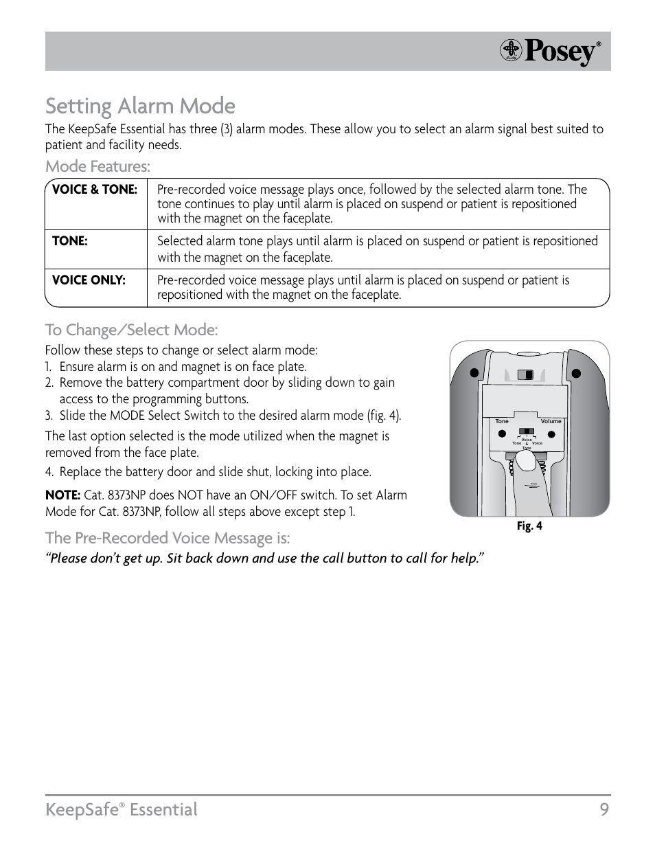 Setting alarm mode, Keepsafe, Essential 9 | Mode features, The pre-recorded voice message is | Posey KeepSafe® Essential User Manual | Page 9 / 24