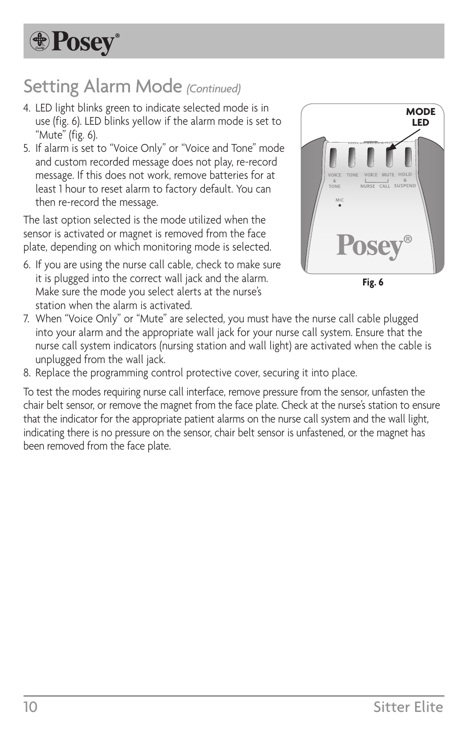 Sitter, Setting alarm mode, 10 sitter elite | Posey Sitter Elite® User Manual | Page 10 / 40