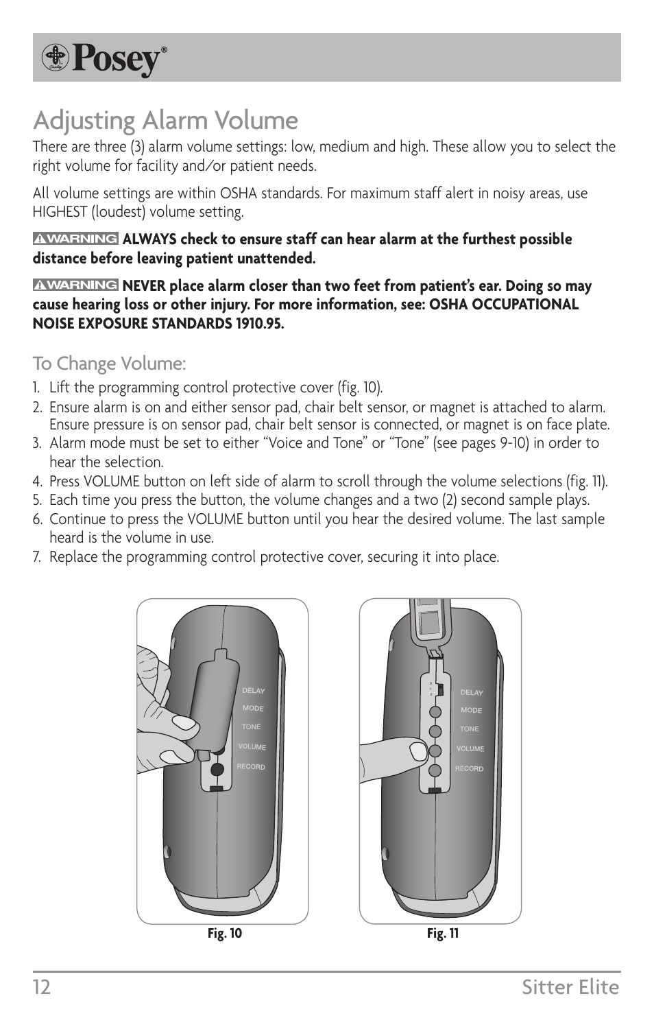 Adjusting alarm volume, 12 sitter elite | Posey Sitter Elite® User Manual | Page 12 / 40