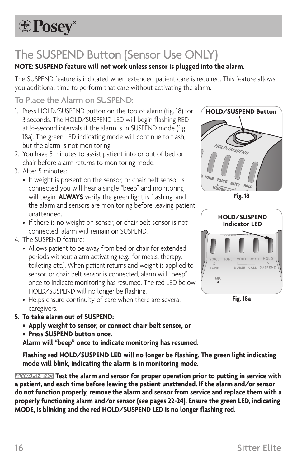 Sitter, The suspend button (sensor use only), 16 sitter elite | Posey Sitter Elite® User Manual | Page 16 / 40