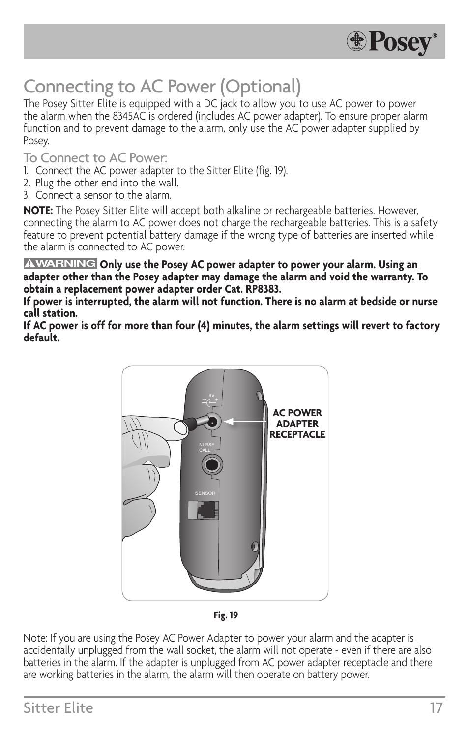 Connecting to ac power (optional), Sitter elite 17 | Posey Sitter Elite® User Manual | Page 17 / 40