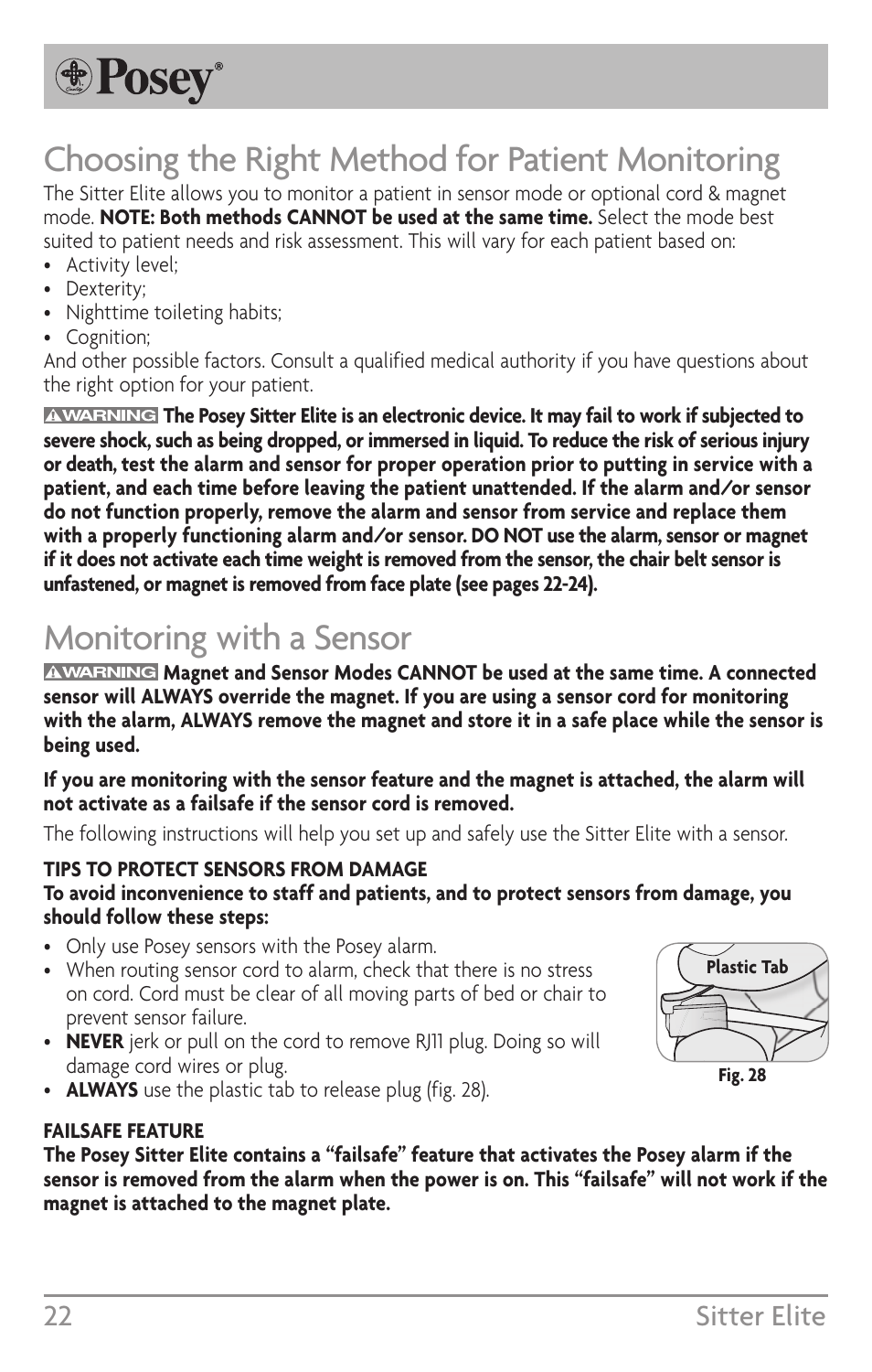 Choosing the right method for patient monitoring, Monitoring with a sensor, 22 sitter elite | Posey Sitter Elite® User Manual | Page 22 / 40