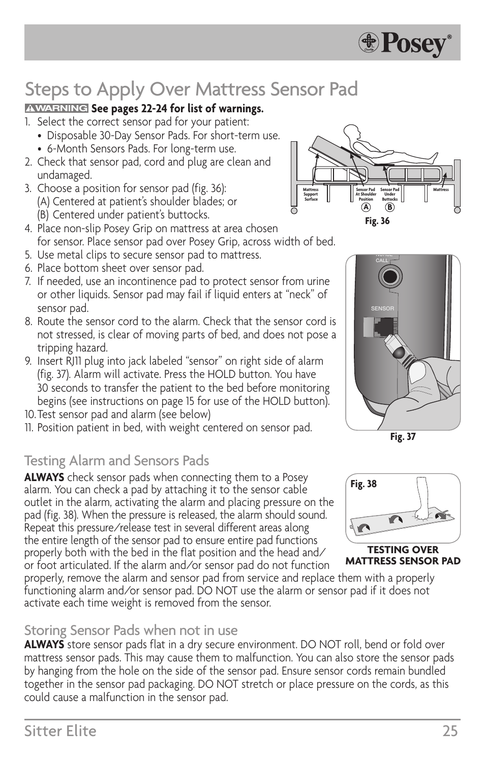 Steps to apply over mattress sensor pad, Sitter elite 25, Testing alarm and sensors pads | Storing sensor pads when not in use | Posey Sitter Elite® User Manual | Page 25 / 40