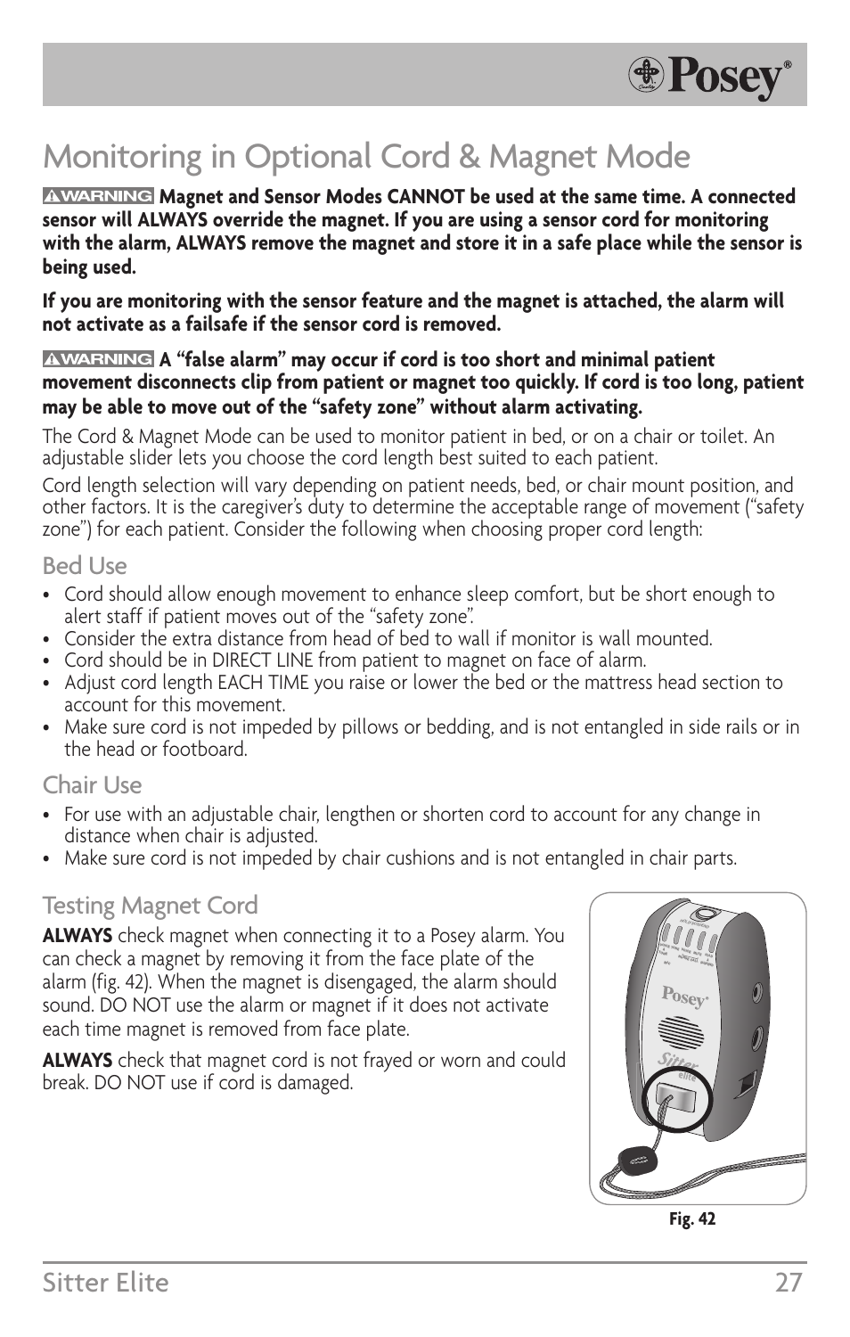 Monitoring in optional cord & magnet mode, Sitter elite 27, Bed use | Chair use, Testing magnet cord | Posey Sitter Elite® User Manual | Page 27 / 40