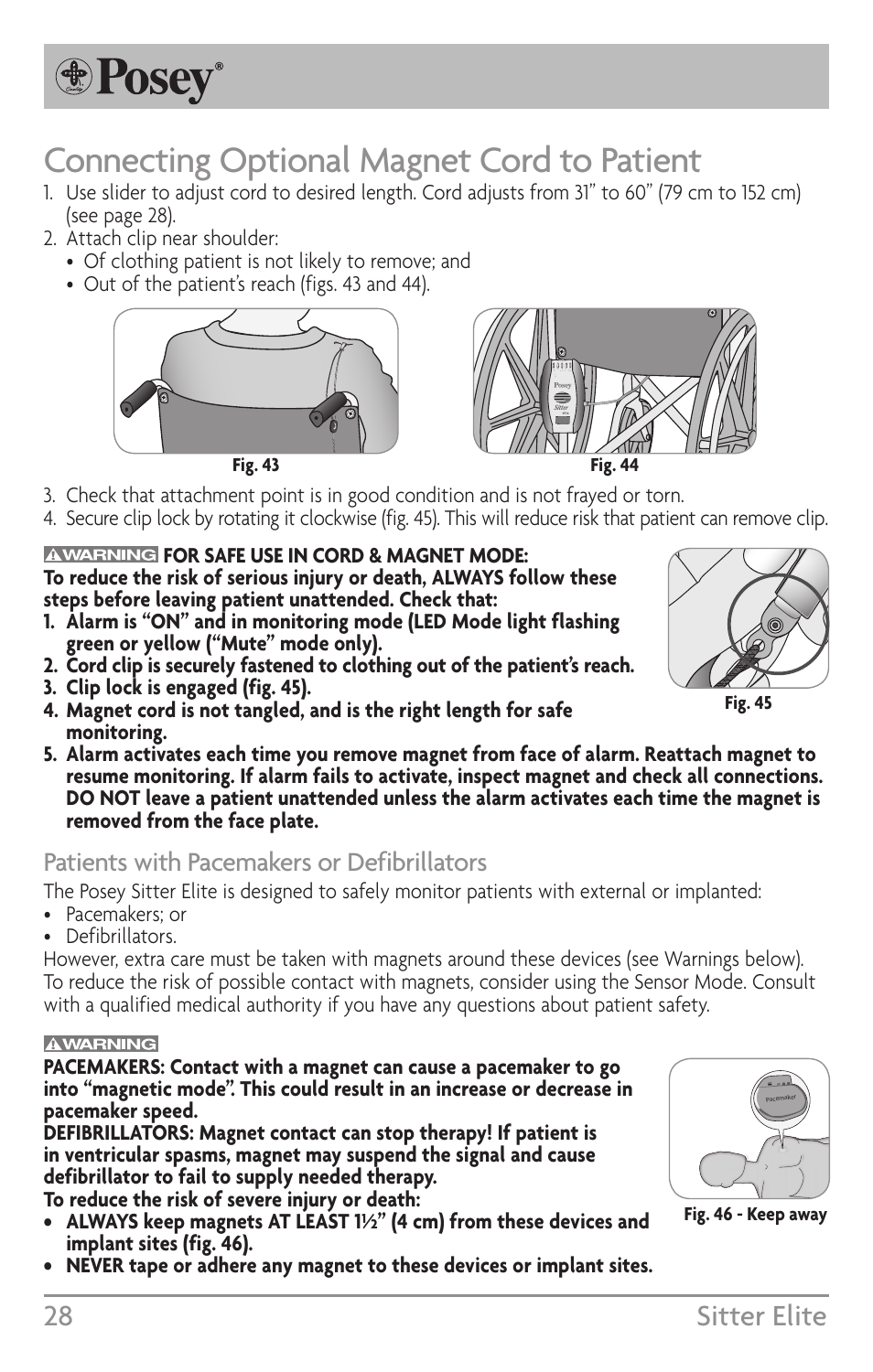Connecting optional magnet cord to patient, 28 sitter elite, Patients with pacemakers or defibrillators | Posey Sitter Elite® User Manual | Page 28 / 40