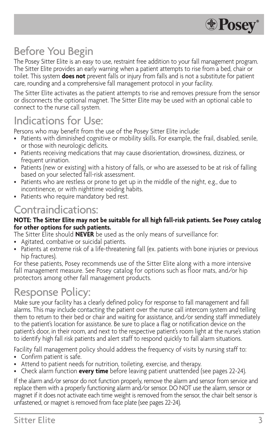 Before you begin, Indications for use, Contraindications | Response policy, Sitter elite 3 | Posey Sitter Elite® User Manual | Page 3 / 40