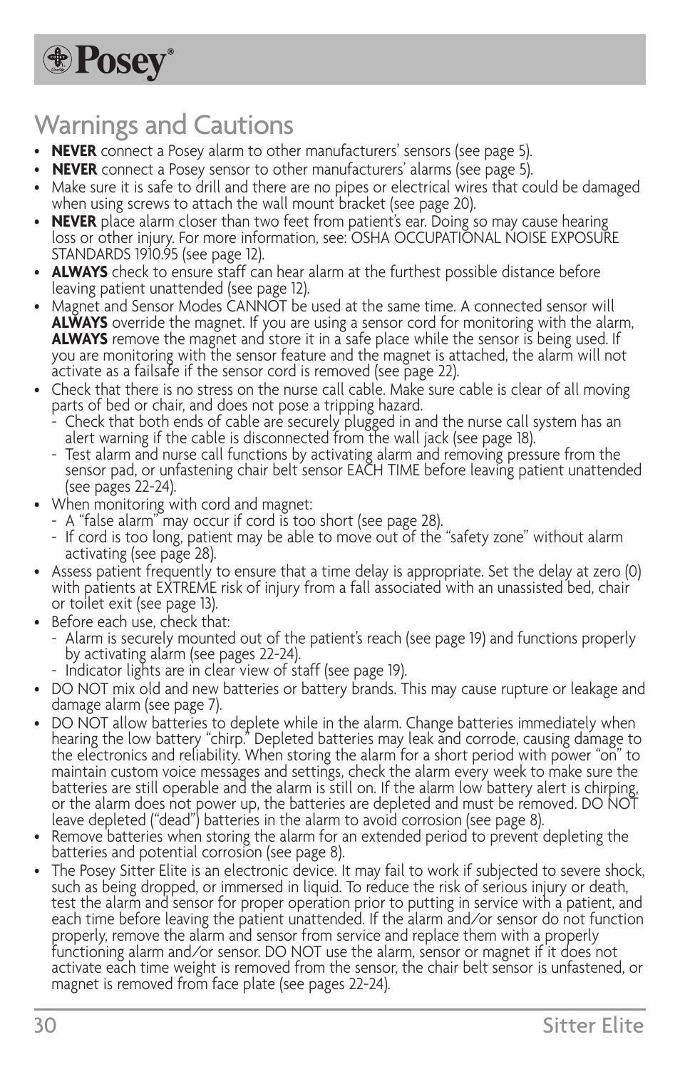 Warnings and cautions, 30 sitter elite | Posey Sitter Elite® User Manual | Page 30 / 40