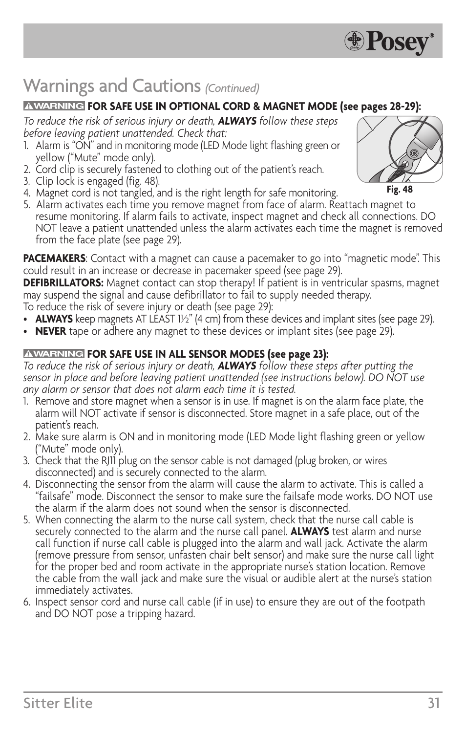 Warnings and cautions, Sitter elite 31 | Posey Sitter Elite® User Manual | Page 31 / 40
