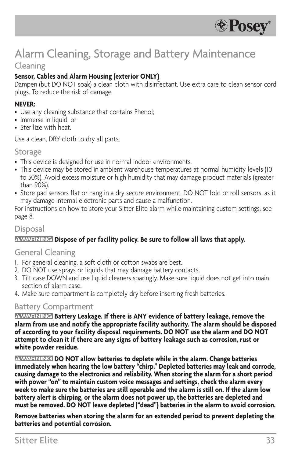 Alarm cleaning, storage and battery maintenance, Sitter elite 33, Cleaning | Storage, Disposal, General cleaning, Battery compartment | Posey Sitter Elite® User Manual | Page 33 / 40