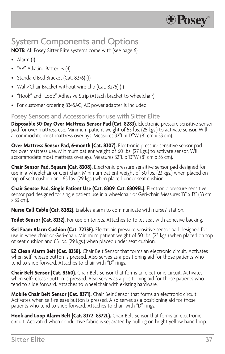 System components and options, Sitter elite 37 | Posey Sitter Elite® User Manual | Page 37 / 40