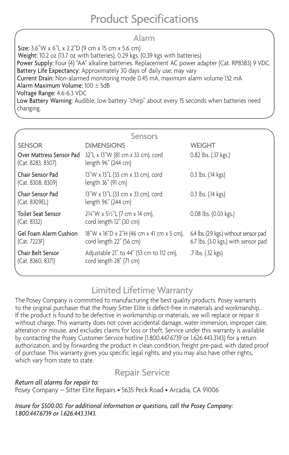 Product specifications, Limited lifetime warranty, Repair service | Alarm, Sensors | Posey Sitter Elite® User Manual | Page 39 / 40