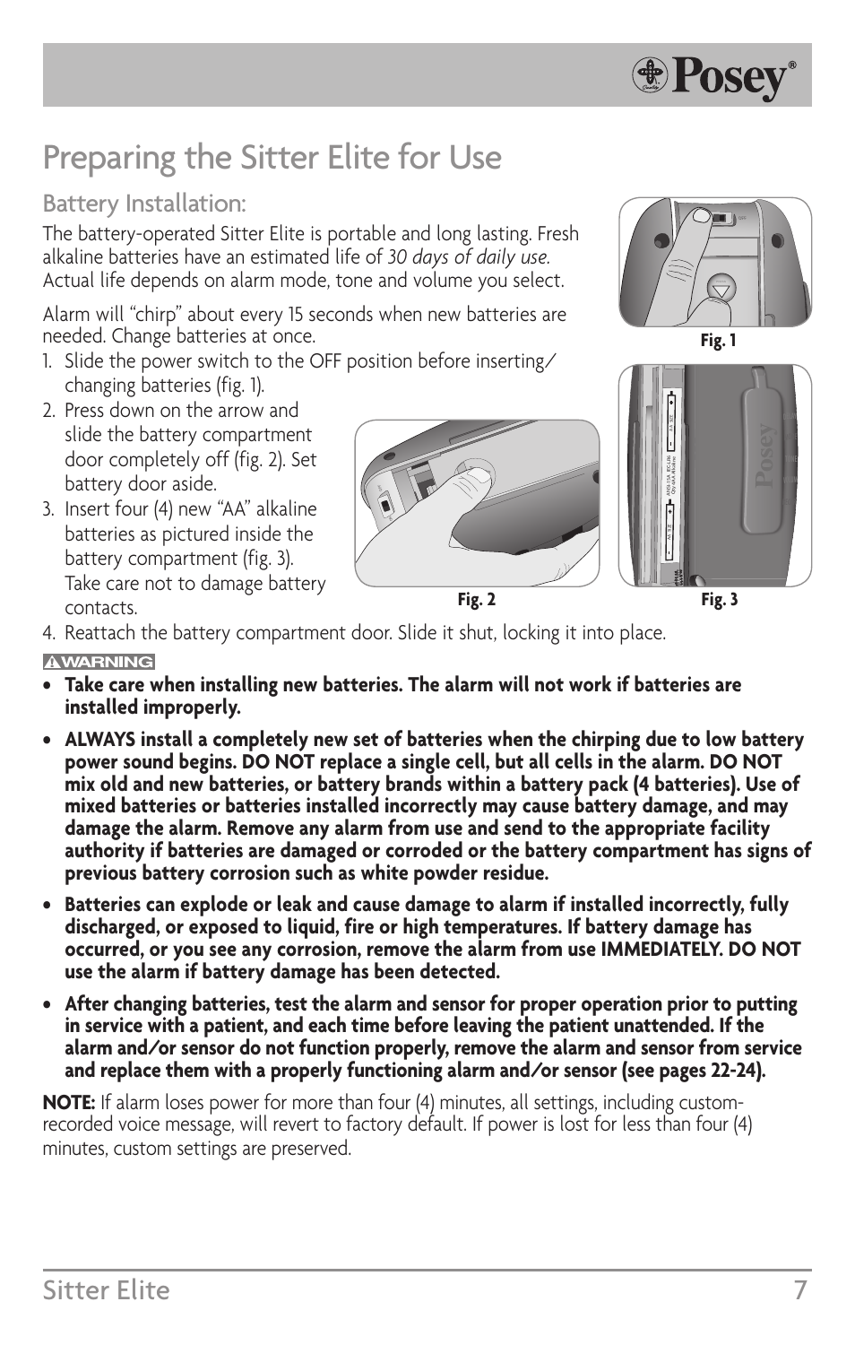 Preparing the sitter elite for use, Sitter elite 7, Battery installation | Fig. 2, Fig. 1, Fig. 3 | Posey Sitter Elite® User Manual | Page 7 / 40
