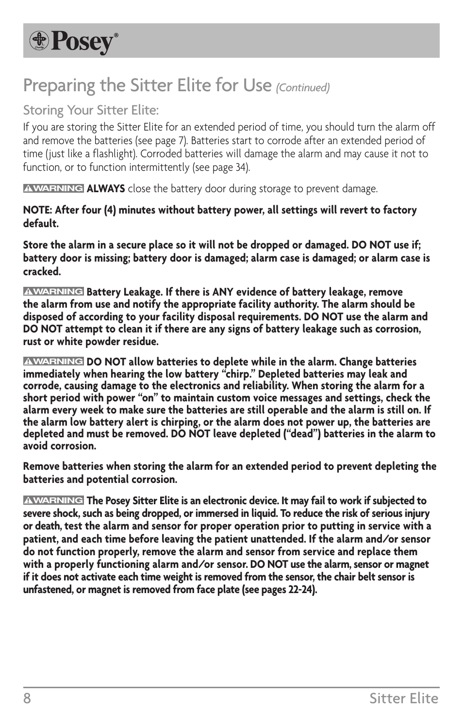 Preparing the sitter elite for use, 8sitter elite, Storing your sitter elite | Posey Sitter Elite® User Manual | Page 8 / 40