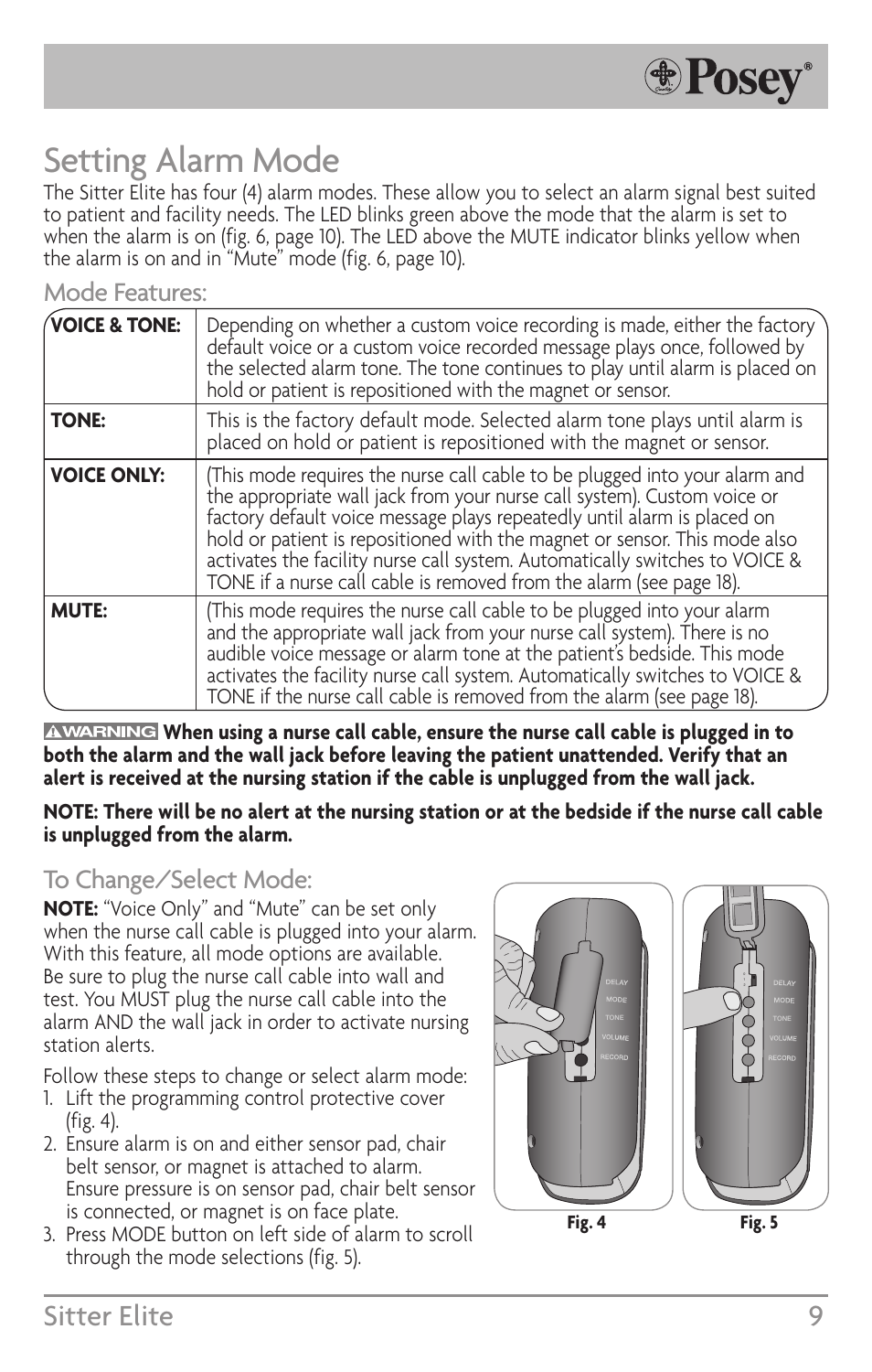 Setting alarm mode, Sitter elite 9, Mode features | Posey Sitter Elite® User Manual | Page 9 / 40