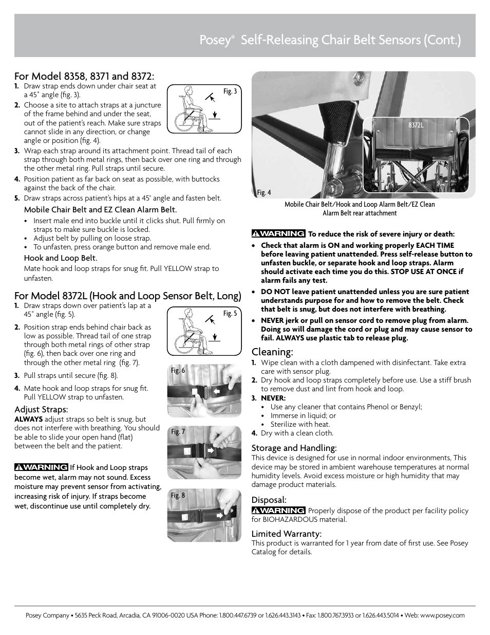 Posey, Self-releasing chair belt sensors (cont.), For model 8372l (hook and loop sensor belt, long) | Cleaning | Posey Mobile Chair Belt Sensor User Manual | Page 2 / 2