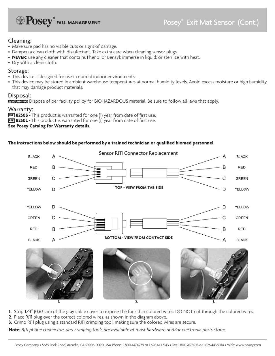 Posey, Exit mat sensor (cont.), Cleaning | Storage, Disposal, Warranty | Posey Exit Alarm Mat User Manual | Page 2 / 2