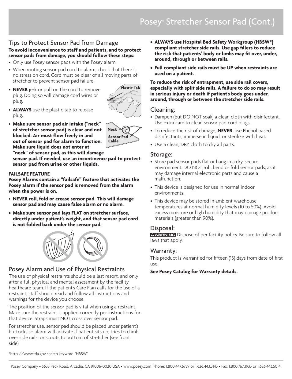 Posey, Stretcher sensor pad (cont.), Warranty | Cleaning, Storage, Disposal, Tips to protect sensor pad from damage, Posey alarm and use of physical restraints | Posey Stretcher Sensor Pad User Manual | Page 2 / 2