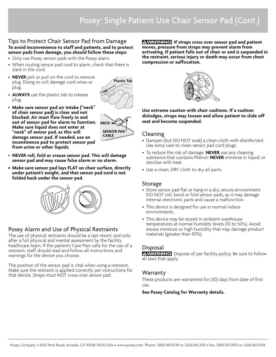 Posey, Single patient use chair sensor pad (cont.), Warranty | Cleaning, Storage, Disposal, Tips to protect chair sensor pad from damage, Posey alarm and use of physical restraints | Posey 30-Day Chair Sensor User Manual | Page 2 / 2