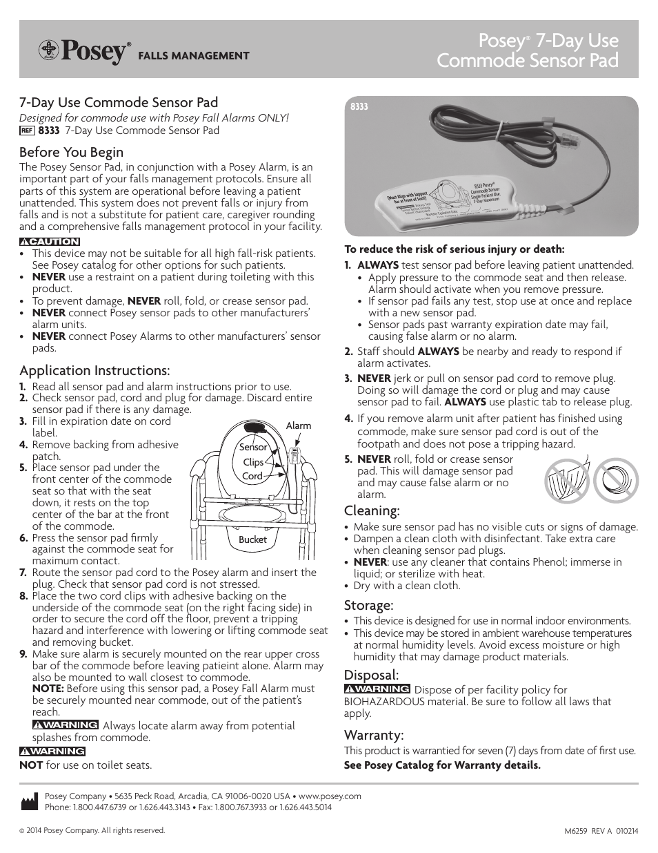 Posey Commode Sensor Pad User Manual | 1 page