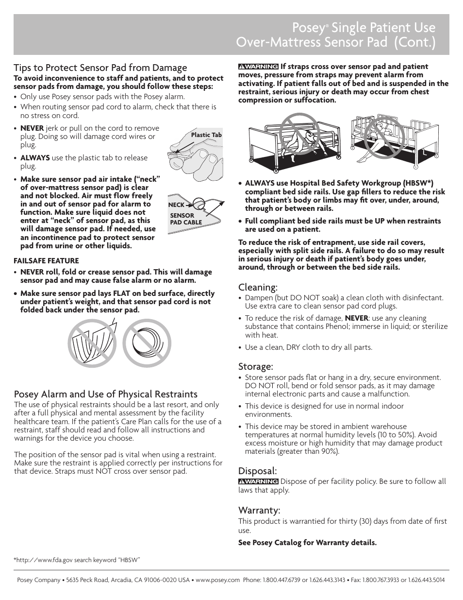 Posey, Warranty, Cleaning | Storage, Disposal, Tips to protect sensor pad from damage, Posey alarm and use of physical restraints | Posey 30-Day Over Mattress Bed Sensor User Manual | Page 2 / 2
