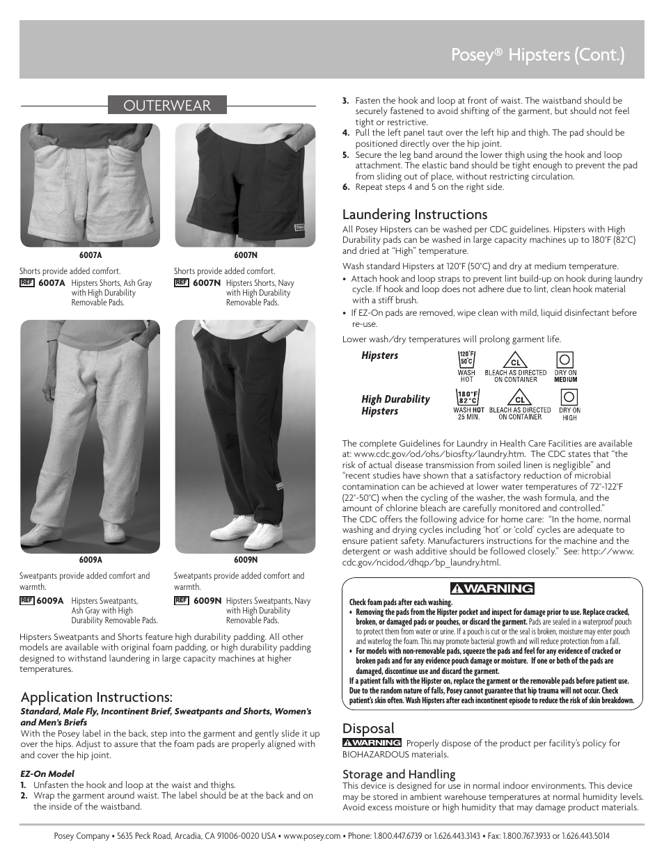 Posey® hipsters (cont.), Outerwear, Application instructions | Laundering instructions, Disposal, Storage and handling | Posey Hipsters® Sweatpants User Manual | Page 2 / 2
