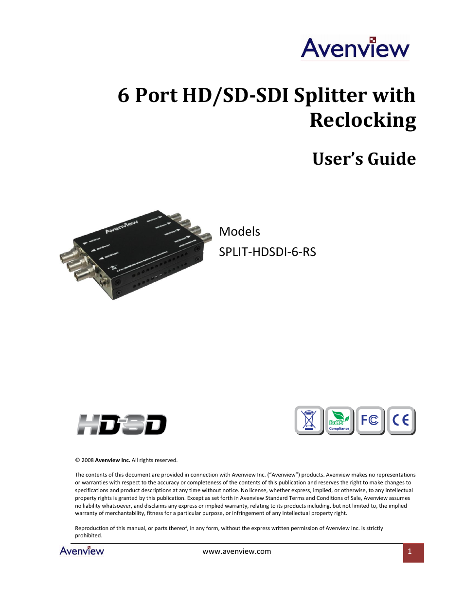 Avenview SPLIT-HDSDI-6-RS User Manual | 9 pages