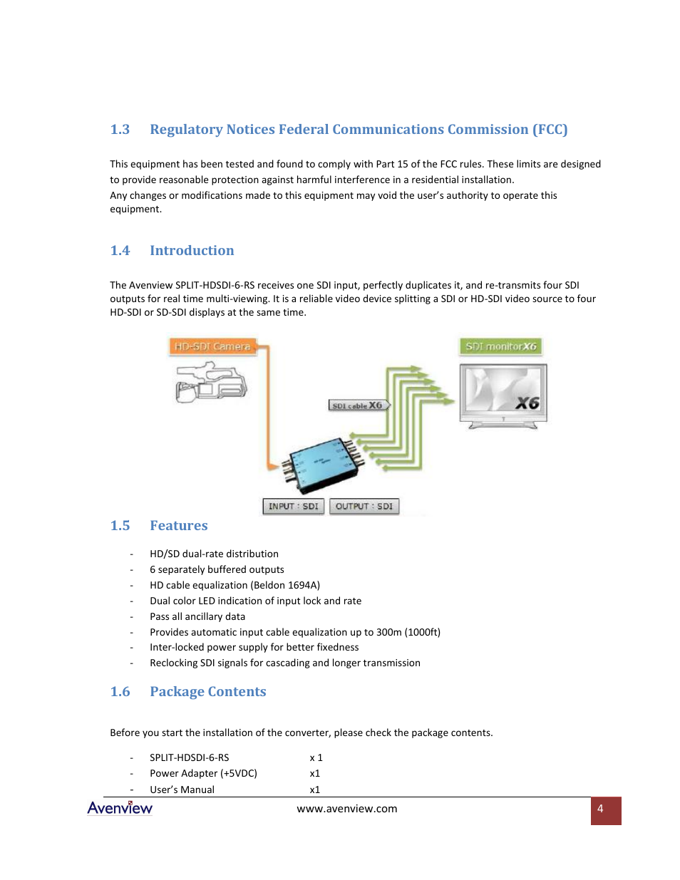 Introduction, Features, Package contents | 4 introduction, 5 features, 6 package contents | Avenview SPLIT-HDSDI-6-RS User Manual | Page 4 / 9