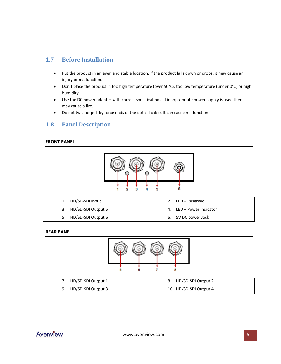 Before installation, Panel description, 7 before installation | 8 panel description | Avenview SPLIT-HDSDI-6-RS User Manual | Page 5 / 9