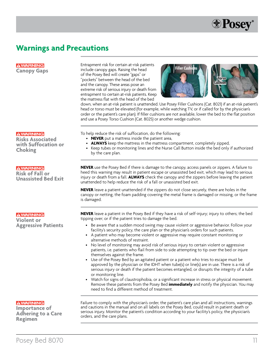 Warnings and precautions | Posey Bed 8070 User Manual | Page 11 / 36