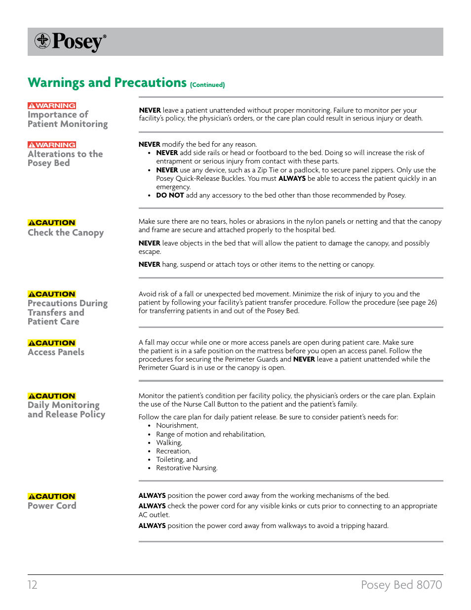 Warnings and precautions | Posey Bed 8070 User Manual | Page 12 / 36