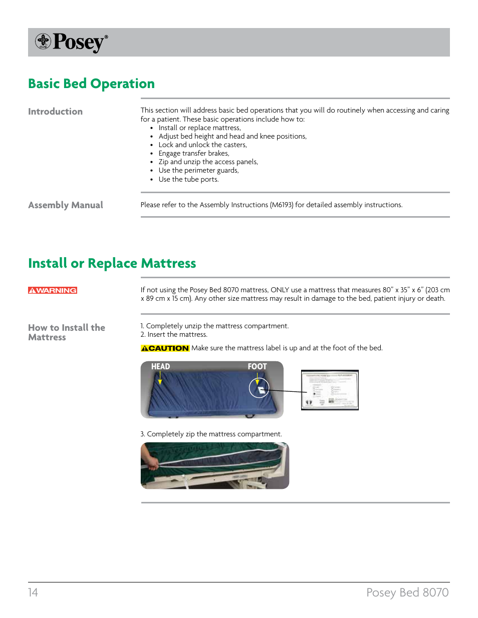 Basic bed operation install or replace mattress | Posey Bed 8070 User Manual | Page 14 / 36
