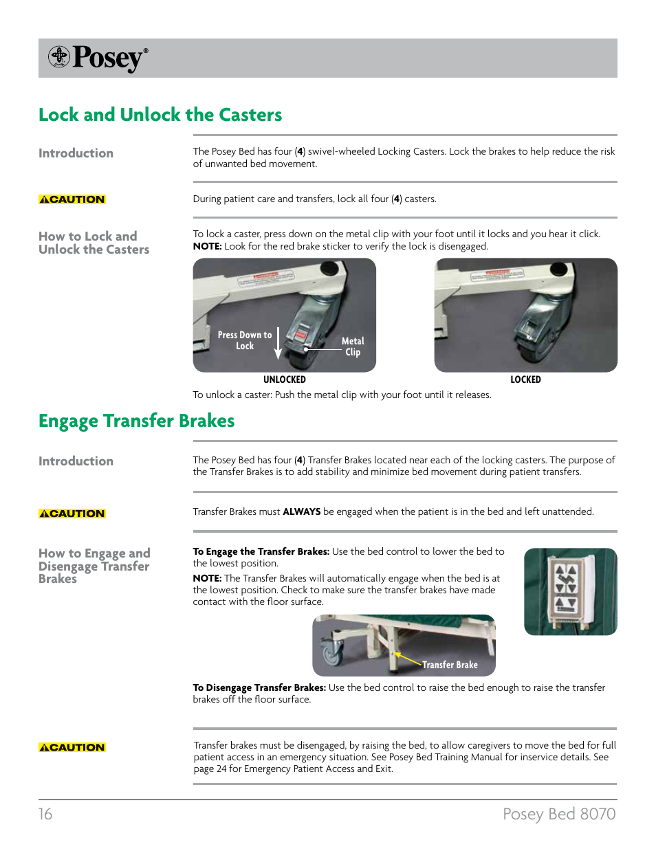 Lock and unlock the casters, Engage transfer brakes | Posey Bed 8070 User Manual | Page 16 / 36