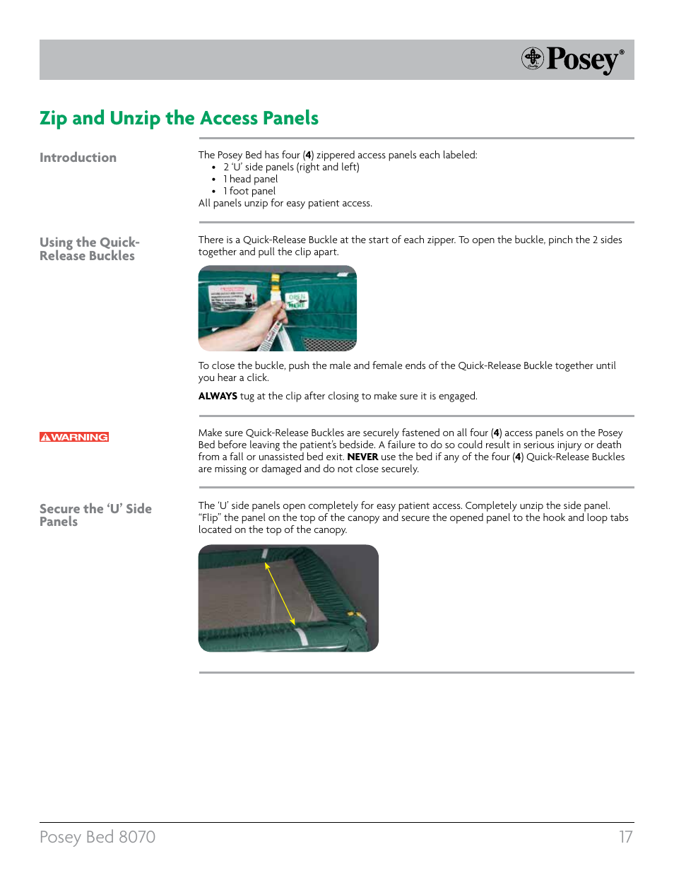 Zip and unzip the access panels | Posey Bed 8070 User Manual | Page 17 / 36