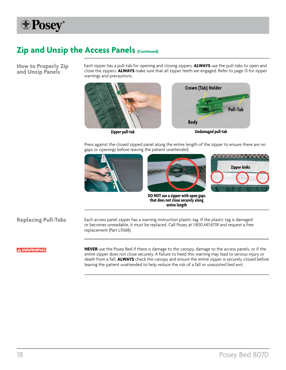 Zip and unzip the access panels | Posey Bed 8070 User Manual | Page 18 / 36