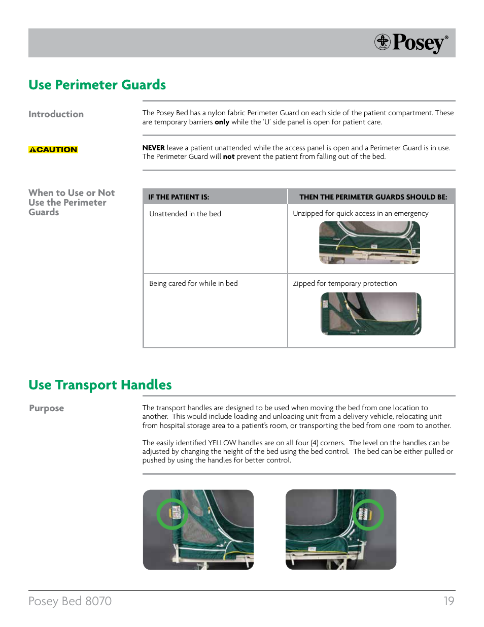 Use perimeter guards, Use transport handles | Posey Bed 8070 User Manual | Page 19 / 36