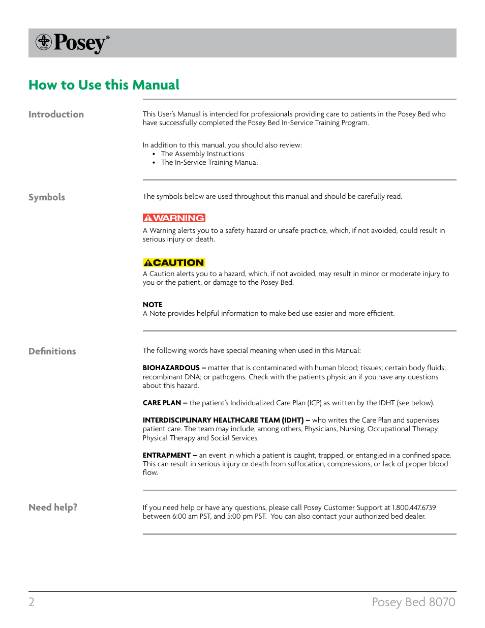 How to use this manual, Introduction definitions, Symbols need help | Posey Bed 8070 User Manual | Page 2 / 36