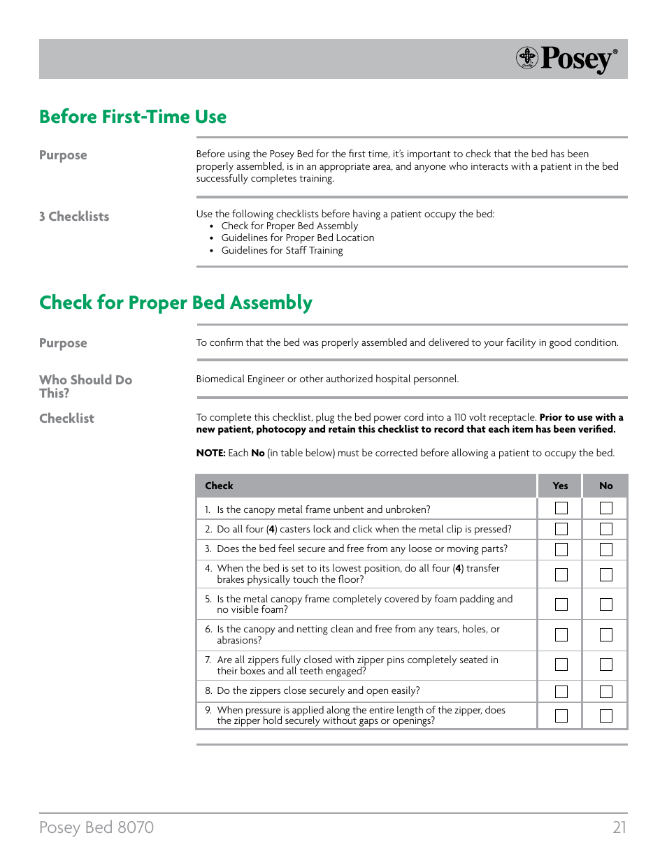 Purpose, Purpose who should do this? checklist 3 checklists | Posey Bed 8070 User Manual | Page 21 / 36
