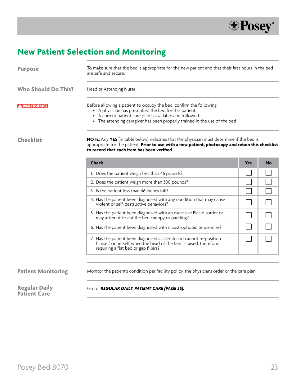 New patient selection and monitoring | Posey Bed 8070 User Manual | Page 23 / 36