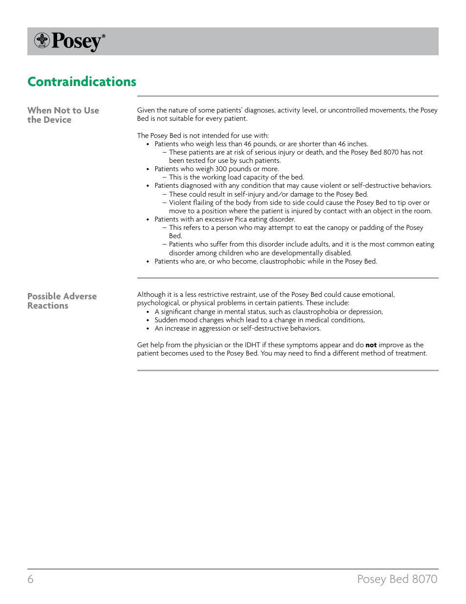 Contraindications | Posey Bed 8070 User Manual | Page 6 / 36