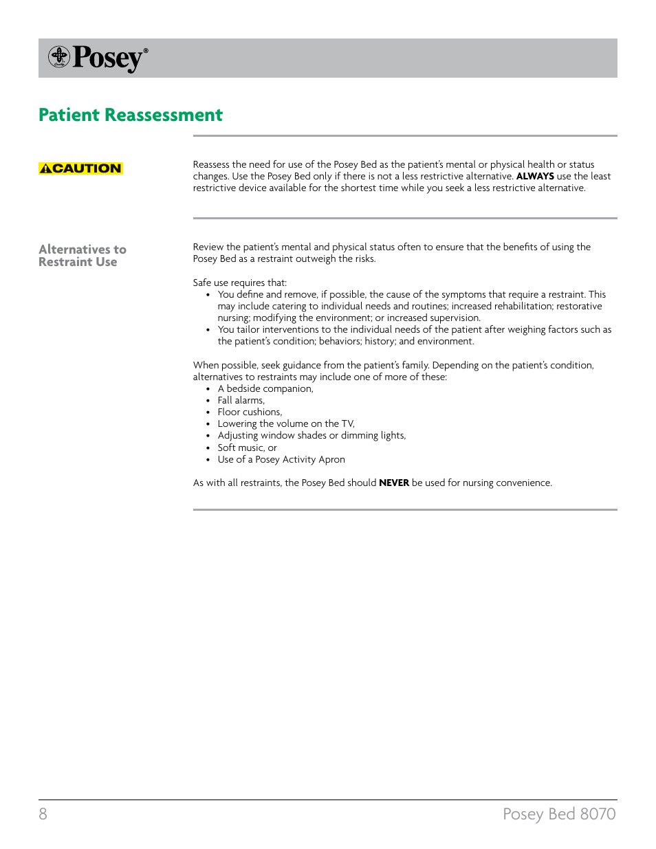 Patient reassessment, Alternatives to restraint use | Posey Bed 8070 User Manual | Page 8 / 36