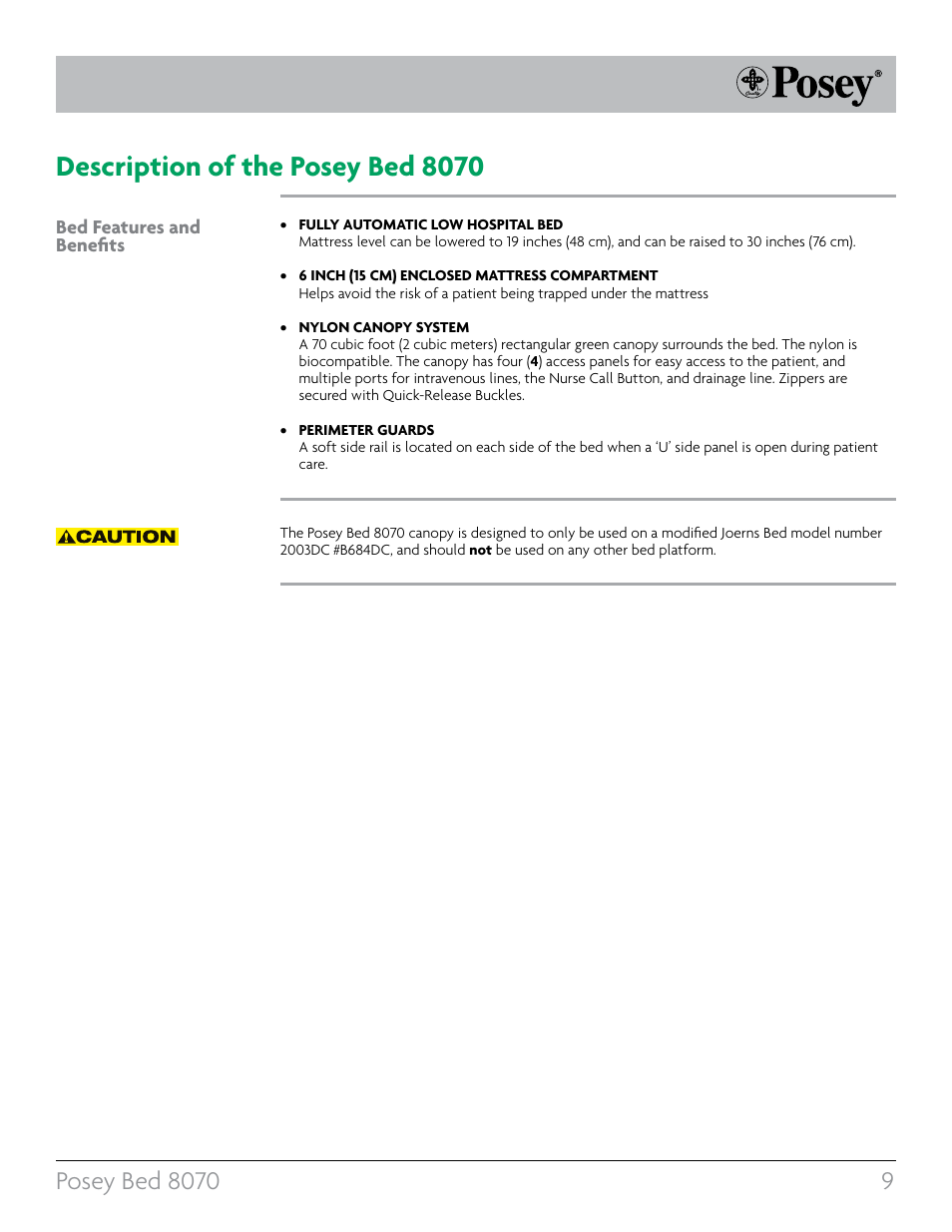 Description of the posey bed 8070, Bed features and benefits | Posey Bed 8070 User Manual | Page 9 / 36