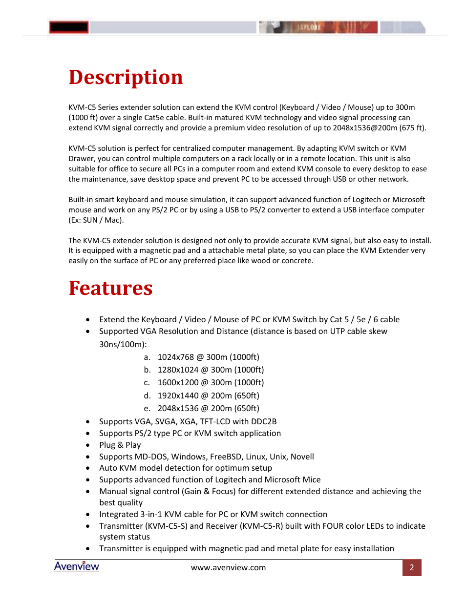 Description, Features | Avenview KVM-C5 Series User Manual | Page 2 / 6