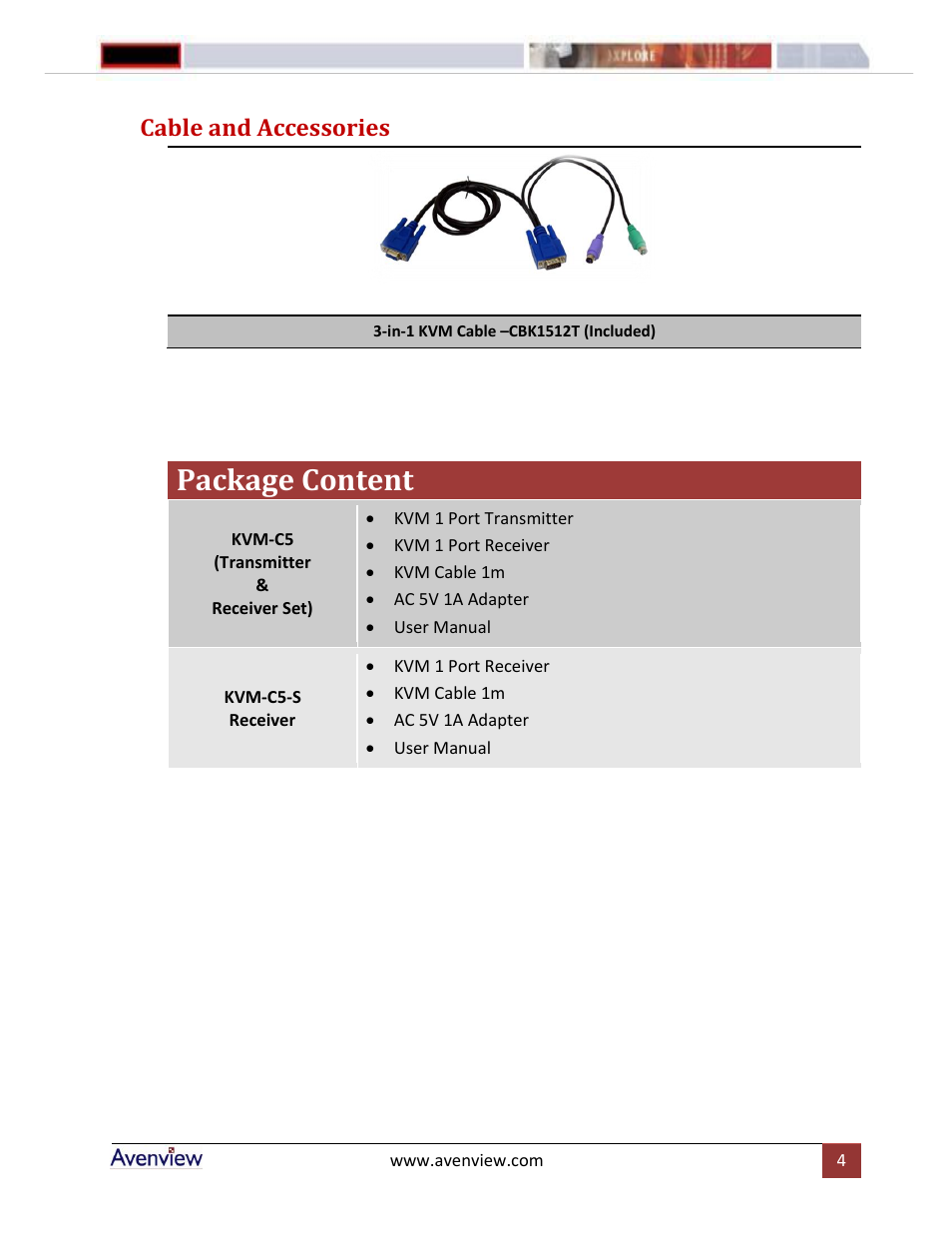 Package content, Cable and accessories | Avenview KVM-C5 Series User Manual | Page 4 / 6