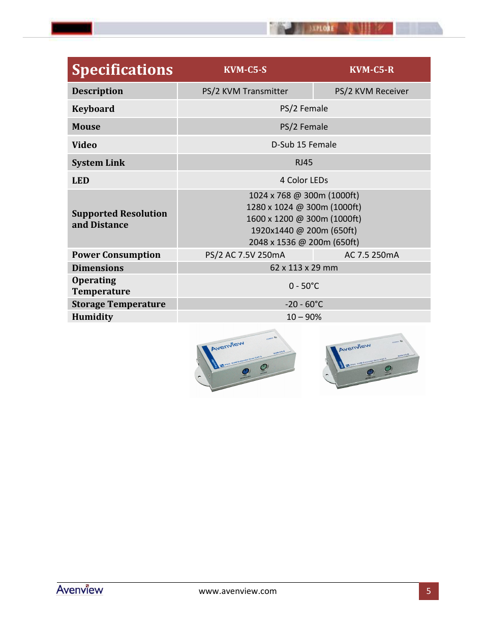 Specifications | Avenview KVM-C5 Series User Manual | Page 5 / 6