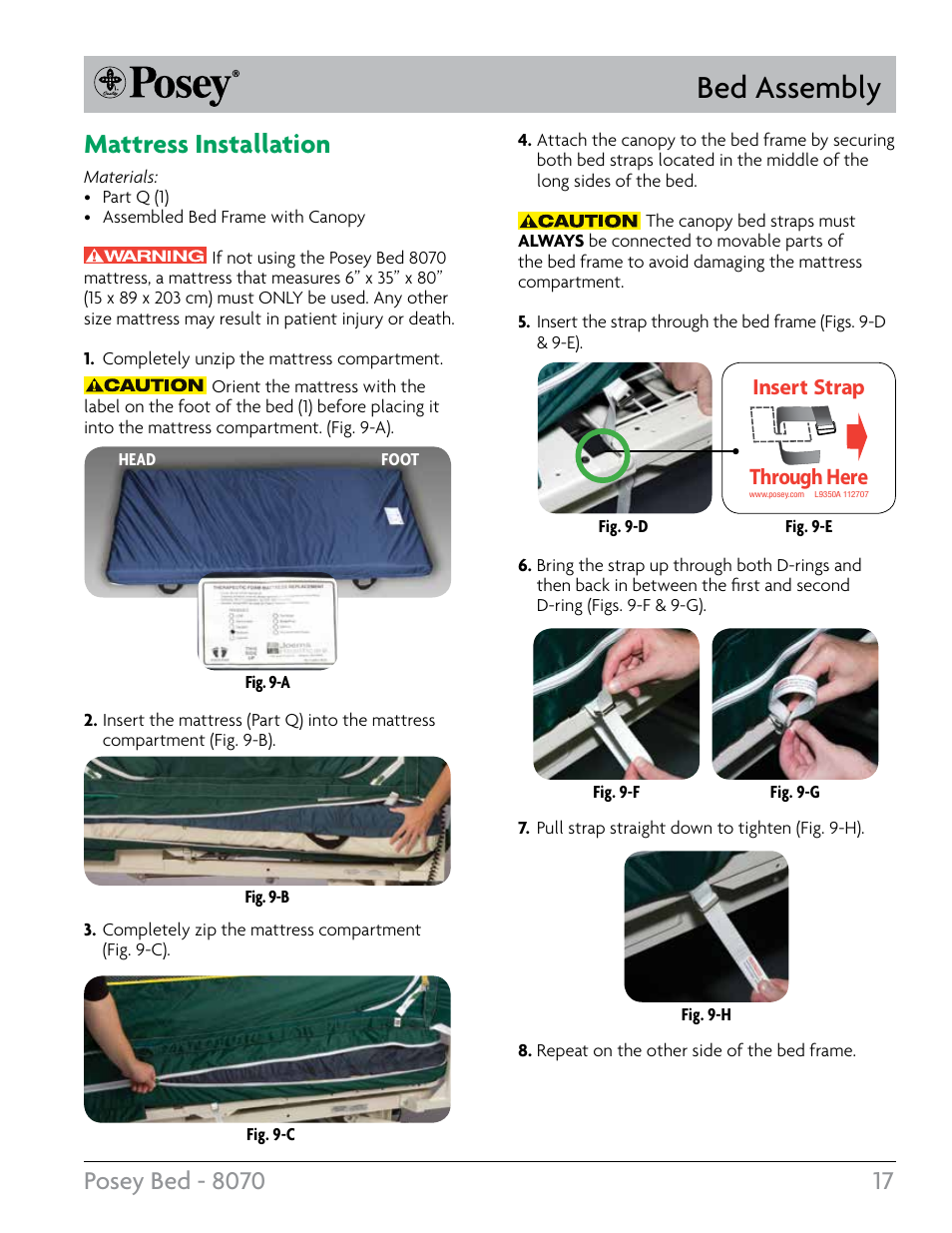 Bed assembly, Mattress installation, Insert strap through here | Posey Bed 8070 User Manual | Page 17 / 24