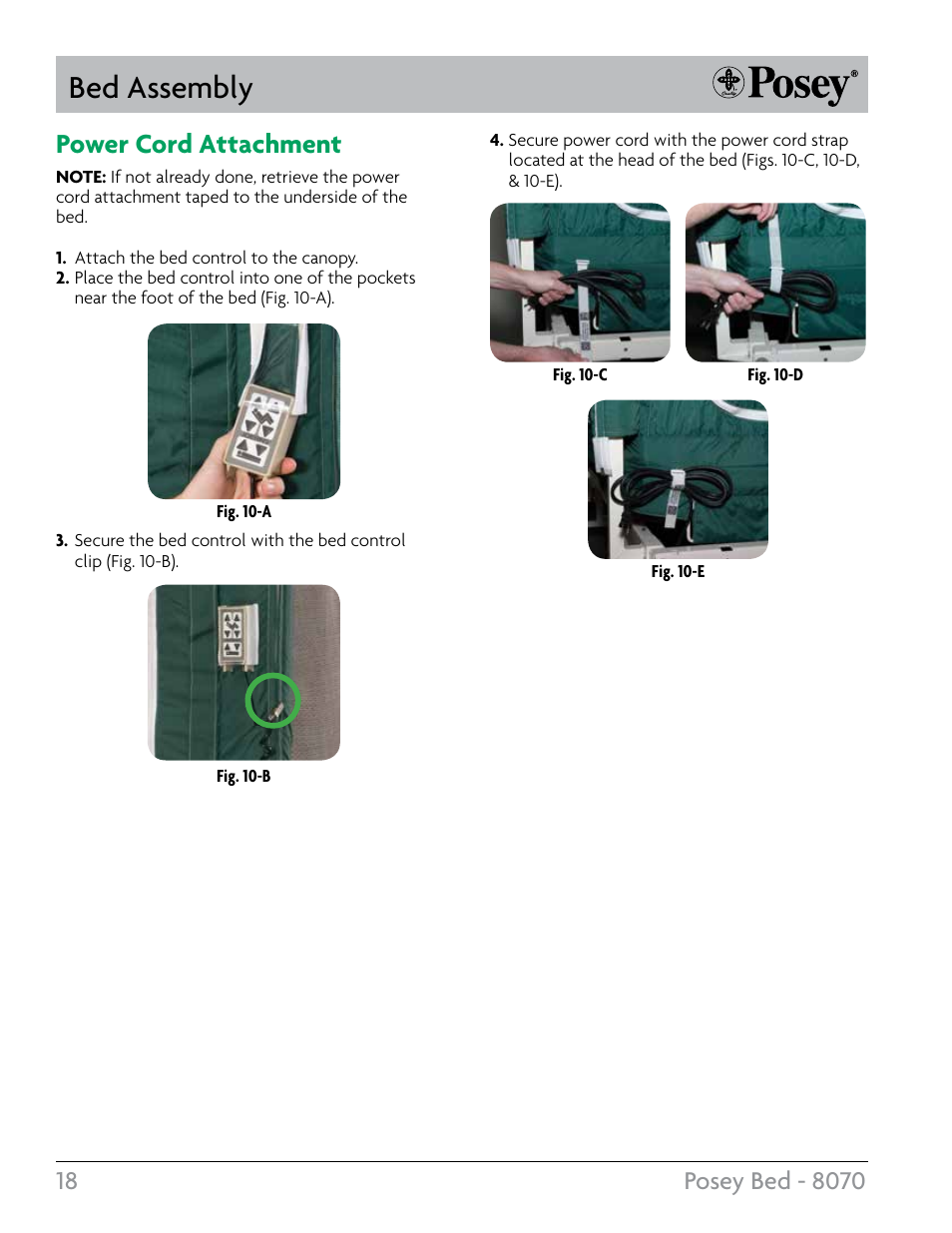 Bed assembly, Power cord attachment | Posey Bed 8070 User Manual | Page 18 / 24